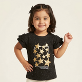 BLACK WITH GOLDEN STARS PRINTED T-SHIRT TOP FOR GIRLS