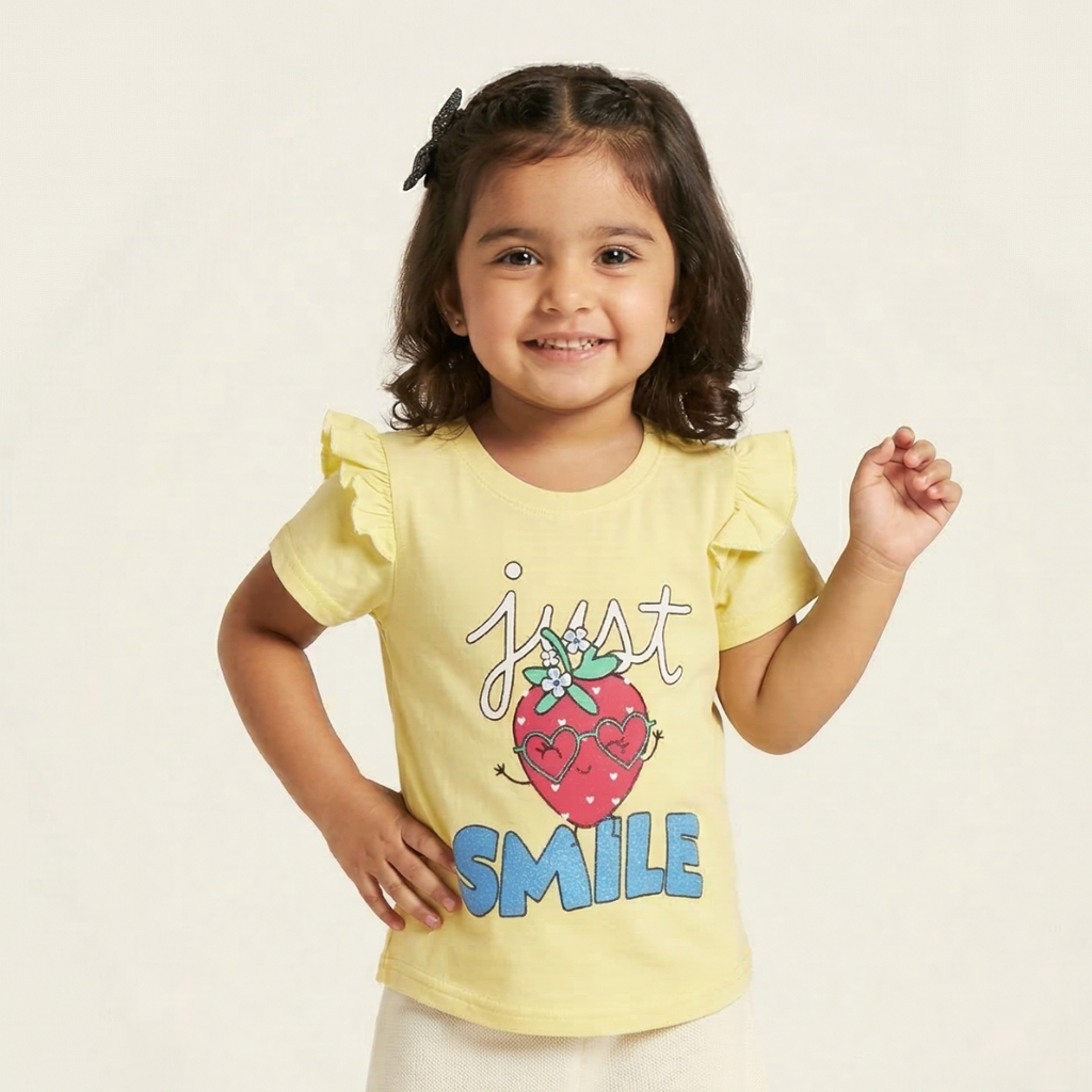 LIME YELLOW "JUST SMILE" PRINTED T-SHIRT TOP FOR GIRLS