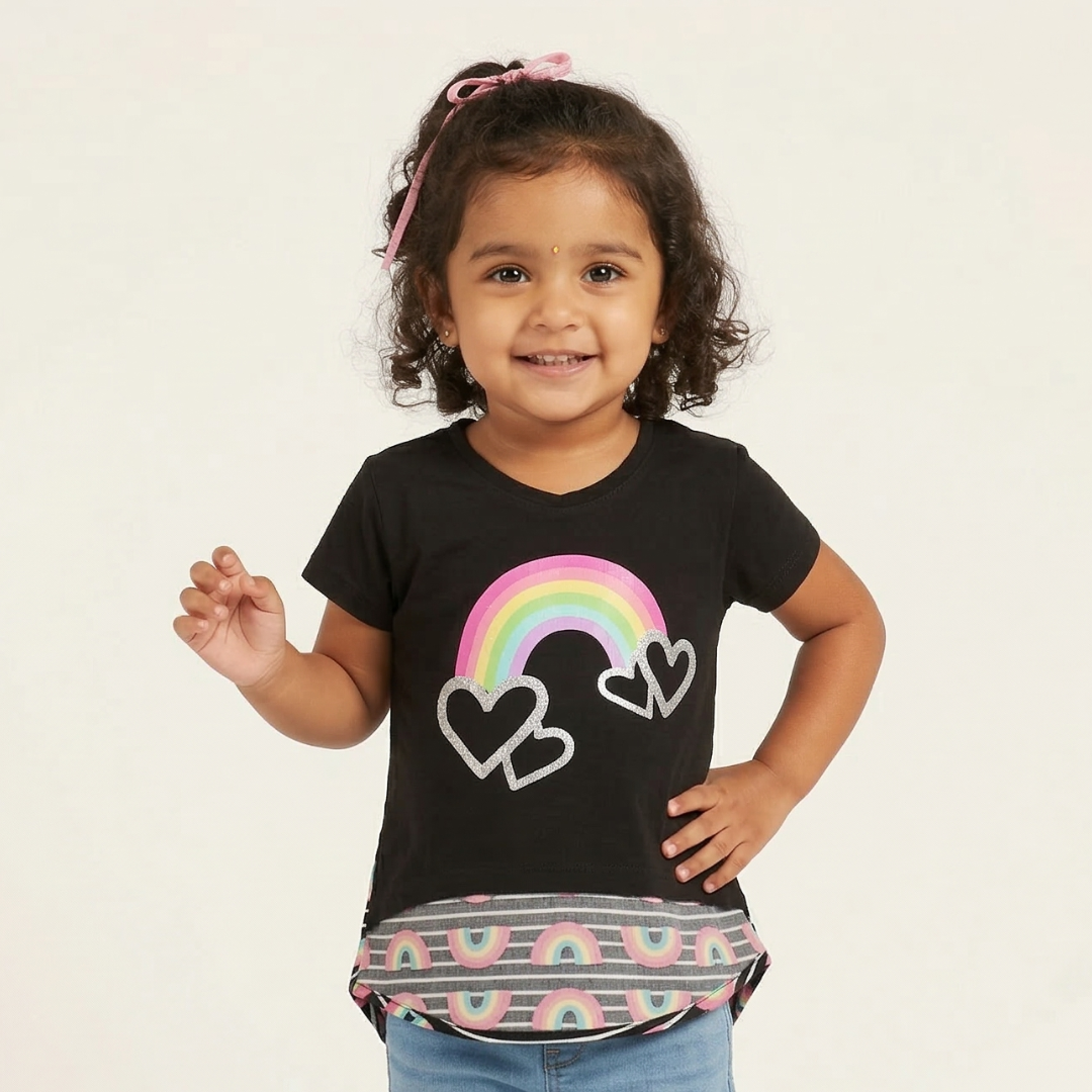 NEW BLACK RAINBOW PRINTED T-SHIRT TOP FOR GIRLS Main image