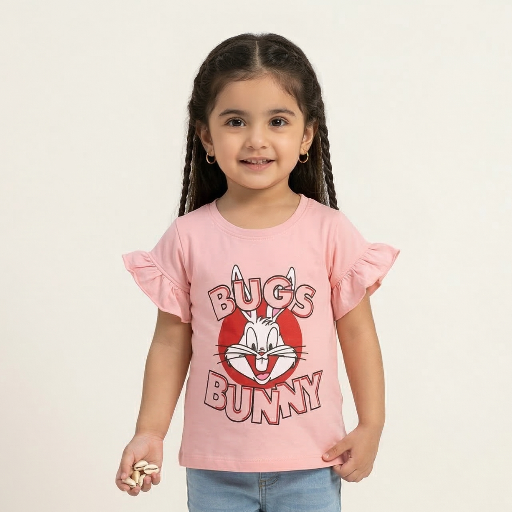 NEW PINK BUGS BUNNY PRINTED LYCRA FABRIC T-SHIRT FOR GIRLS