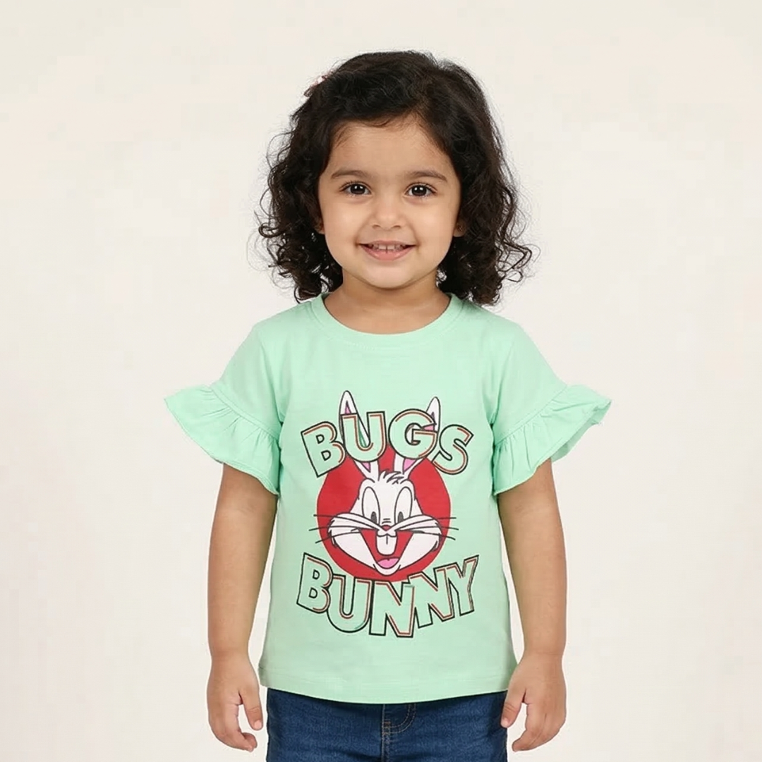 NEW SKY BLUE BUGS BUNNY PRINTED LYCRA FABRIC T-SHIRT FOR GIRLS