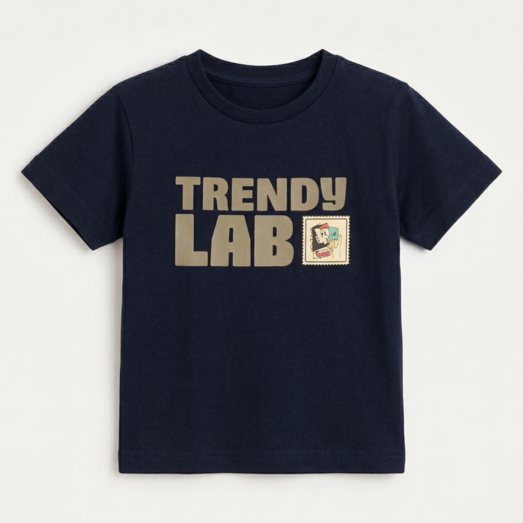 Navy Blue Trendy Lab Print Half Sleeves T-Shirt For Boys