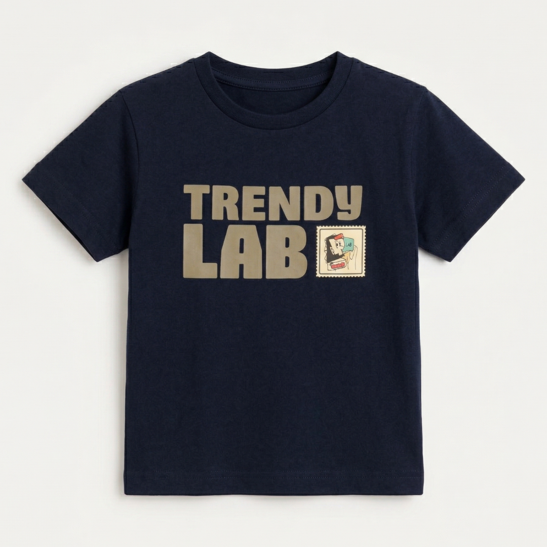 Navy Blue Trendy Lab Print Half Sleeves T-Shirt For Boys