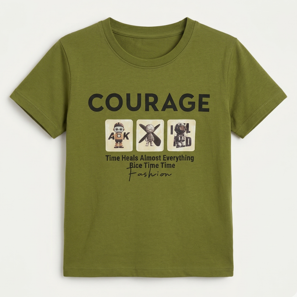 Green Courage Print Half Sleeves T-Shirt For Boys