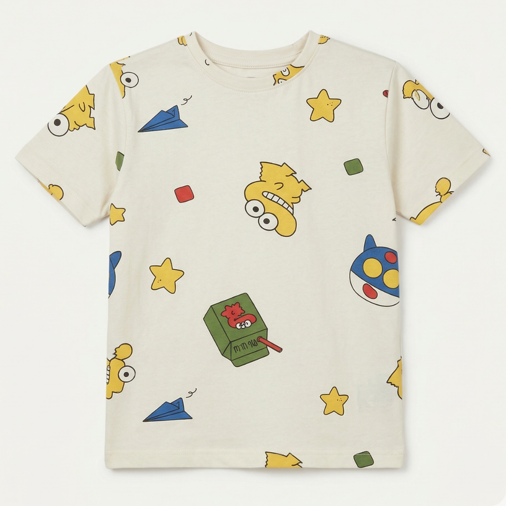 Yellow Cartoons Printed Half Sleeves T-Shirt For Boys