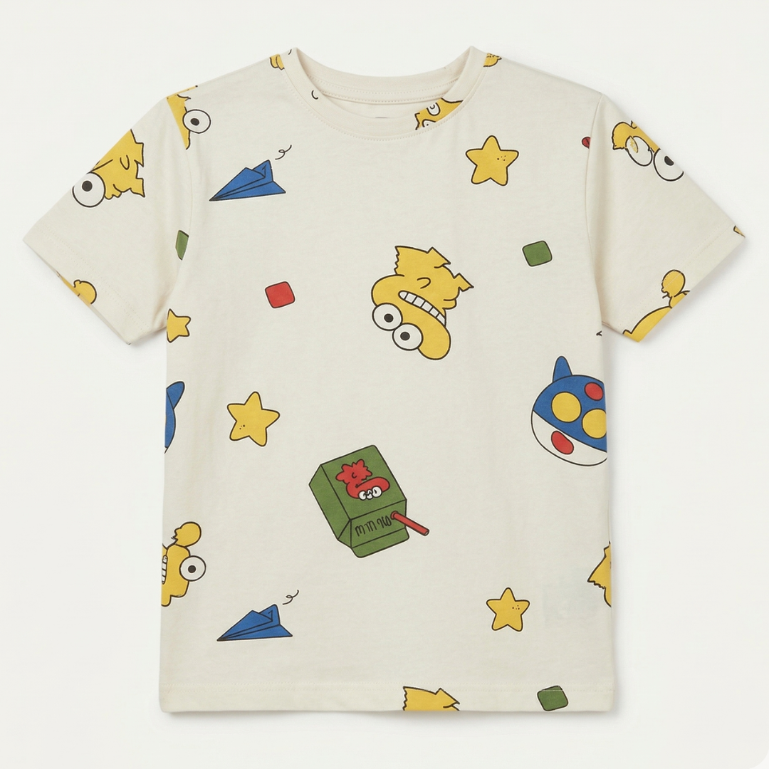 Yellow Cartoons Printed Half Sleeves T-Shirt For Boys