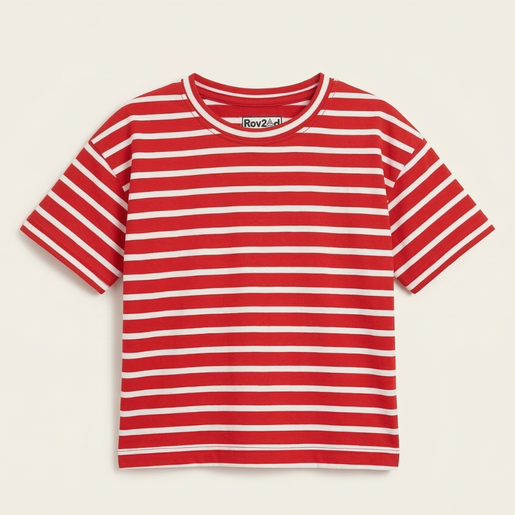 Red With White Stripes T-shirt Top For Girls