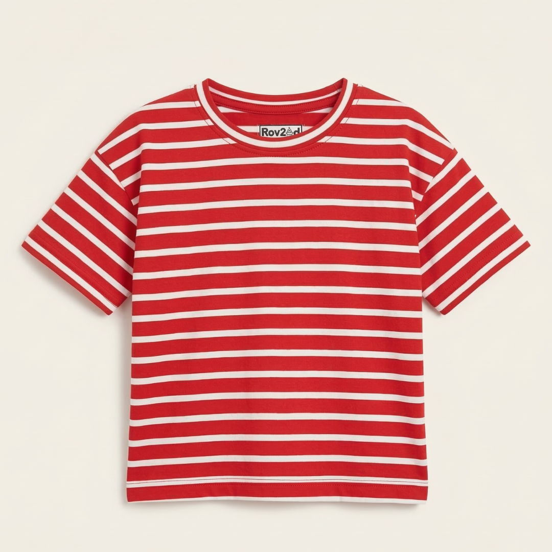 Red With White Stripes T-shirt Top For Girls