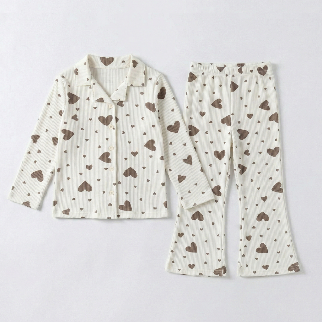 White Hearts Print Co-ord Linen Fabric Suit For Girls