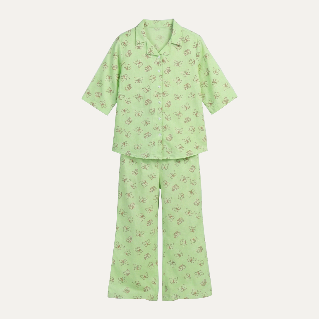 Green Butterfly Print Co-ord Linen Fabric Suit For Girls