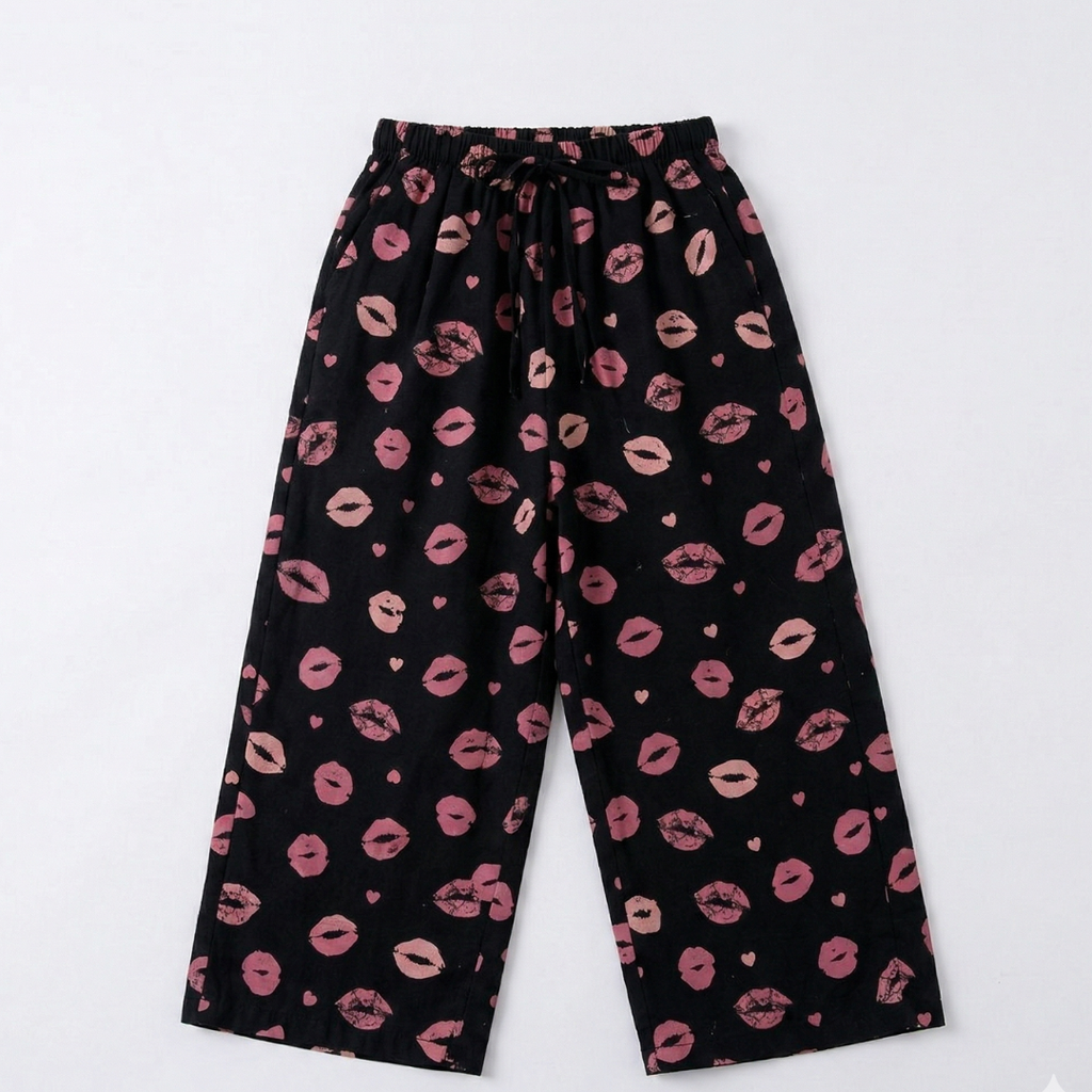 Black Lips Print Plazo Pockets Pajama For Girls