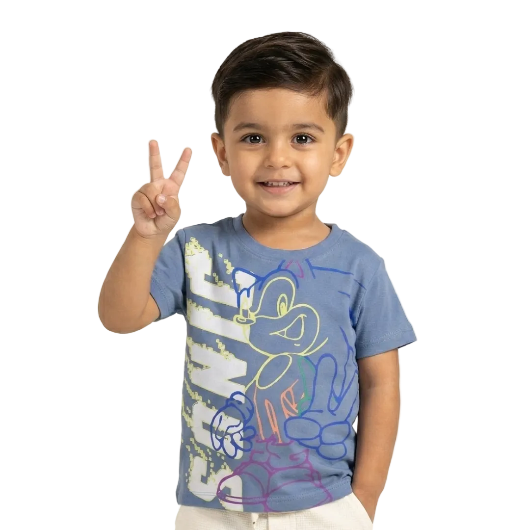 BLUE SONIC PRINT HALF SLEEVES T-SHIRT FOR BOYS