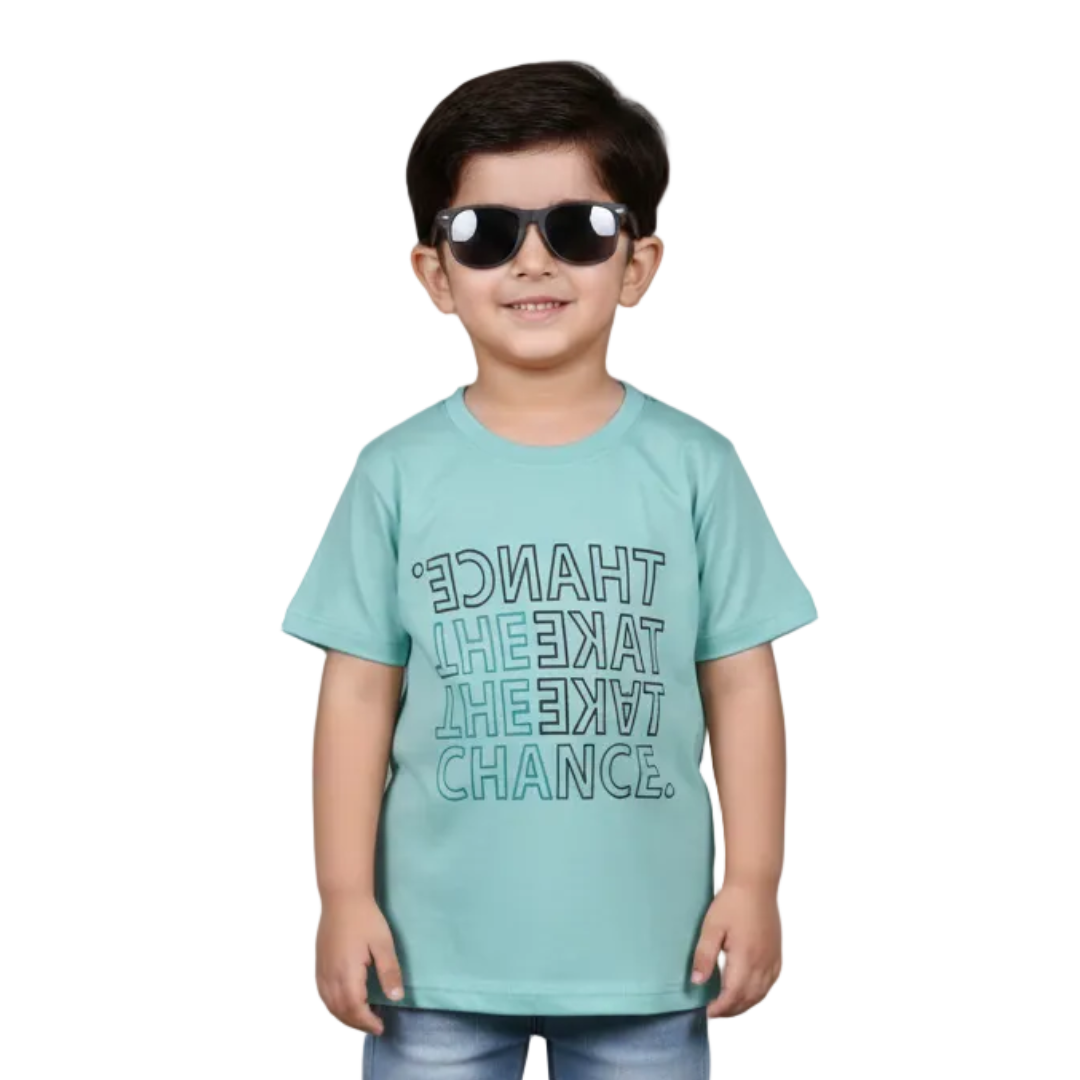 TURQUOISE TAKE THE CHANCE PRINTED HALF SLEEVES T-SHIRT FOR BOYS Main image