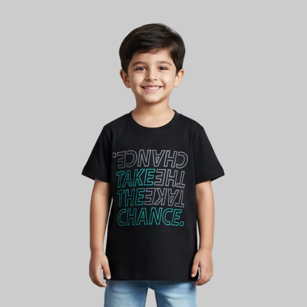 BLACK TAKE THE CHANCE PRINTED HALF SLEEVES T-SHIRT FOR BOYS