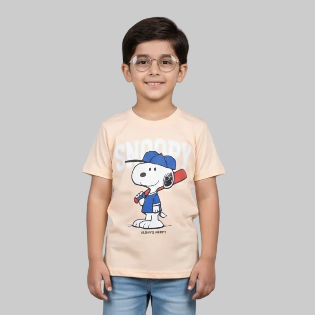 BABY PINK SNOOPY PRINTED HALF SLEEVES T-SHIRT FOR BOYS Main image