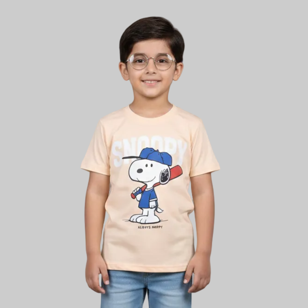 BABY PINK SNOOPY PRINTED HALF SLEEVES T-SHIRT FOR BOYS