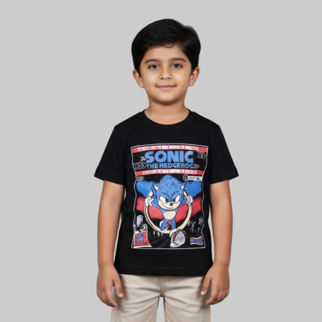 BLACK SONIC PRINTED HALF SLEEVES T-SHIRT FOR BOYS