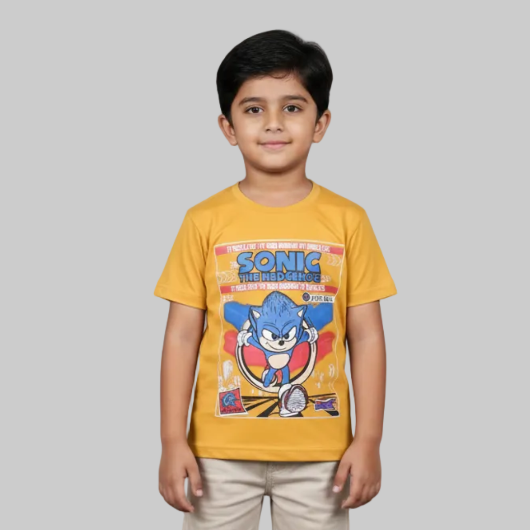 MUSTARD SONIC PRINTED HALF SLEEVES T-SHIRT FOR BOYS