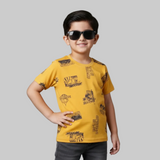 MUSTARD SWOOSH PRINTED HALF SLEEVES T-SHIRT FOR BOYS