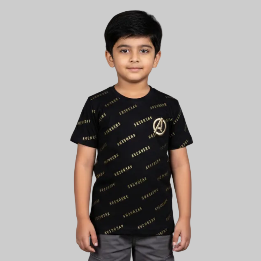 BLACK WITH GOLDEN "A" EMBROIDERED HALF SLEEVES T-SHIRT FOR BOYS Main image