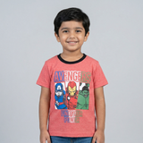 WATERMELON RED SUPER HEROES PRINTED HALF SLEEVES T-SHIRT