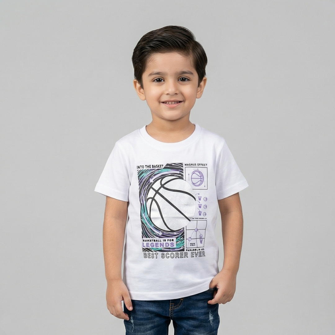 WHITE BASKET BALL PRINTED HALF SLEEVES T-SHIRT Main image