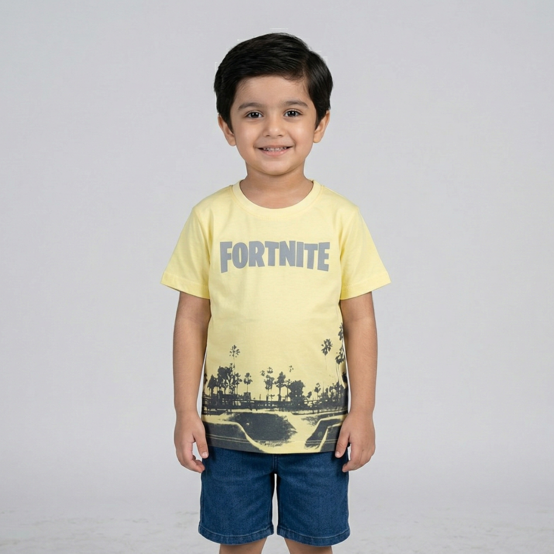 YELLOW FORTNITE PRINTED HALF SLEEVES T-SHIRT Main image