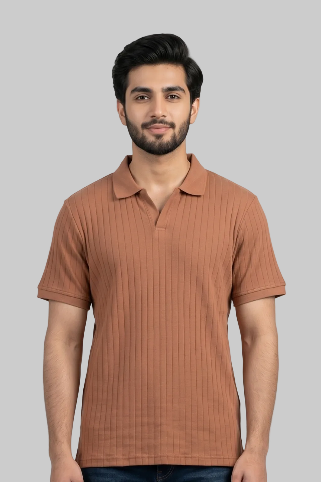 PLAIN BROWN RIBBED FABRIC POLO FOR MEN
