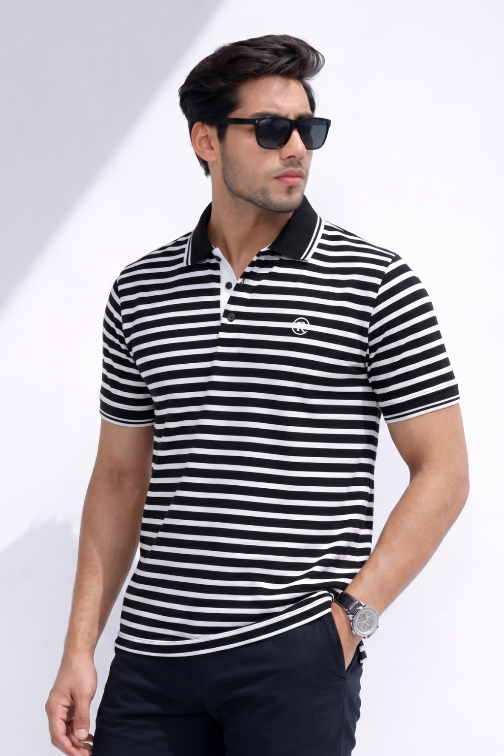 White With Black Small Stripes Polo For Men Main image
