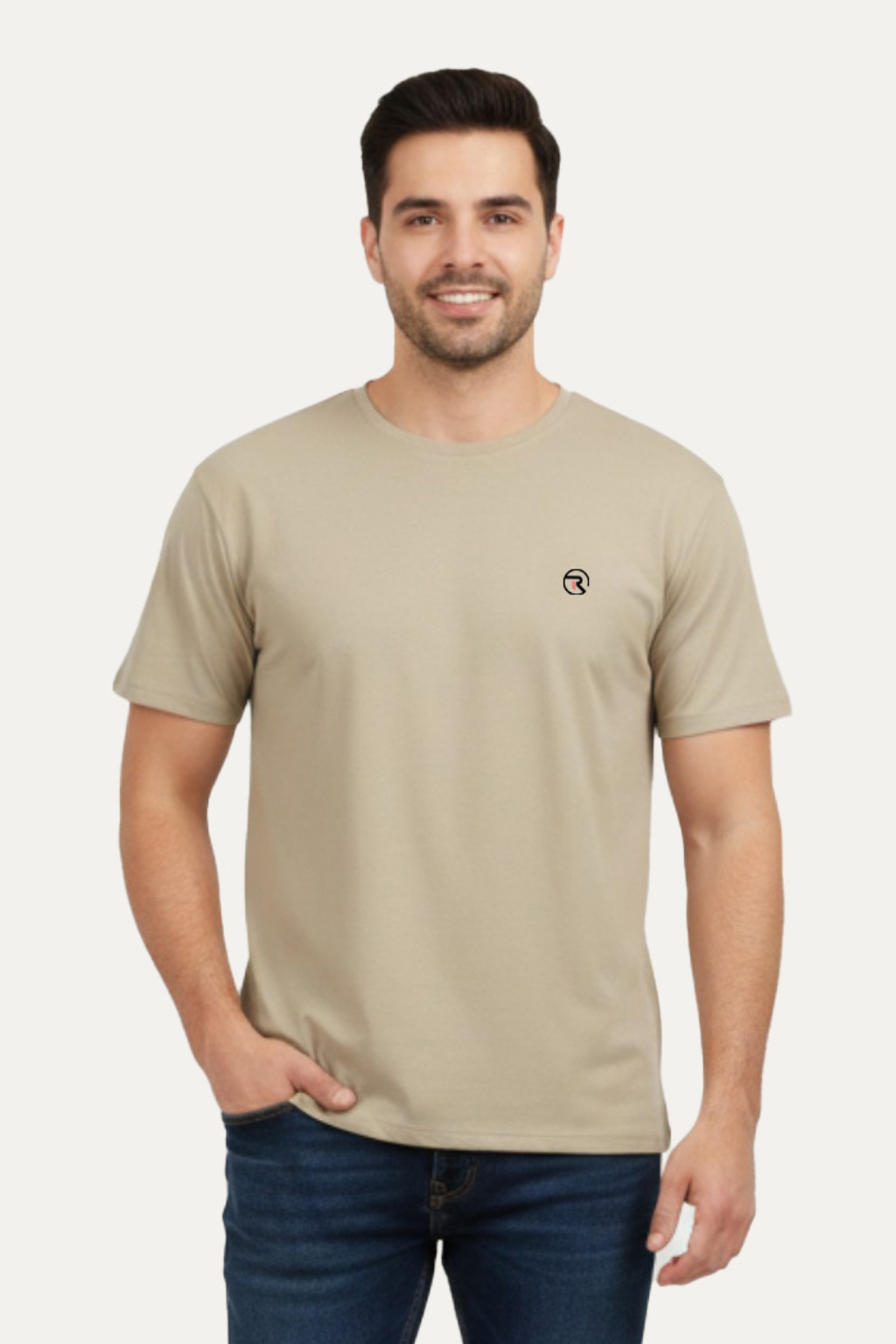 Beige Plain Activewear T-shirt For Mens