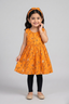 Orange Flowers Print With Hair Band Frock For Girls