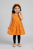 Orange Flowers Print With Hair Band Frock For Girls