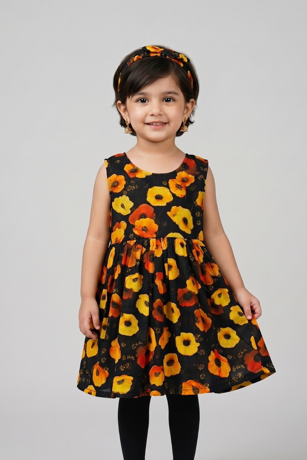 Black Flowers Print With Hair Band Frock For Girls Main image
