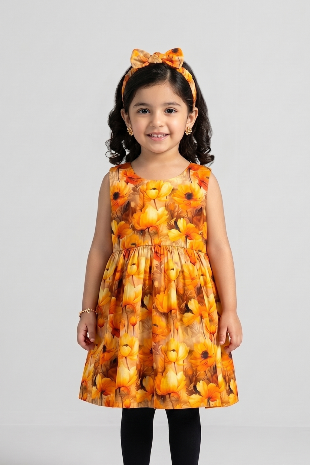 Yellow & Orange Flowers Print With Hair Band Frock For Girls Secondary image