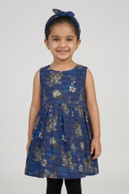 Blue Flowers Print With Hair Band Frock For Girls