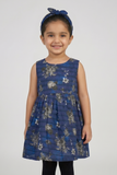 Blue Flowers Print With Hair Band Frock For Girls