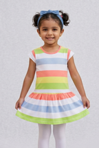 Blue White Peach Stripes With Hair Band Frock For Girls
