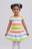 Blue White Peach Stripes With Hair Band Frock For Girls