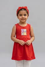 Red Anamontee Flowers Print With Hair Band Frock For Girls