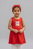 Red Anamontee Flowers Print With Hair Band Frock For Girls