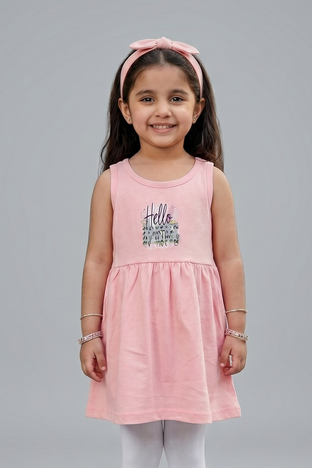 Pink Hello Spring Print With Hair Band Frock For Girls