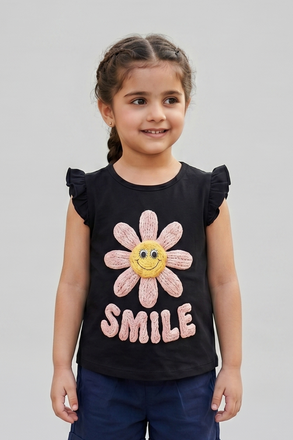 Navy Blue Smile Print Fril Sleeves T-shirt Top For Girls Secondary image