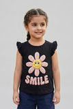 Navy Blue Smile Print Fril Sleeves T-shirt Top For Girls