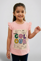 Pink Colour Print Fril Sleeves T-shirt Top For Girls
