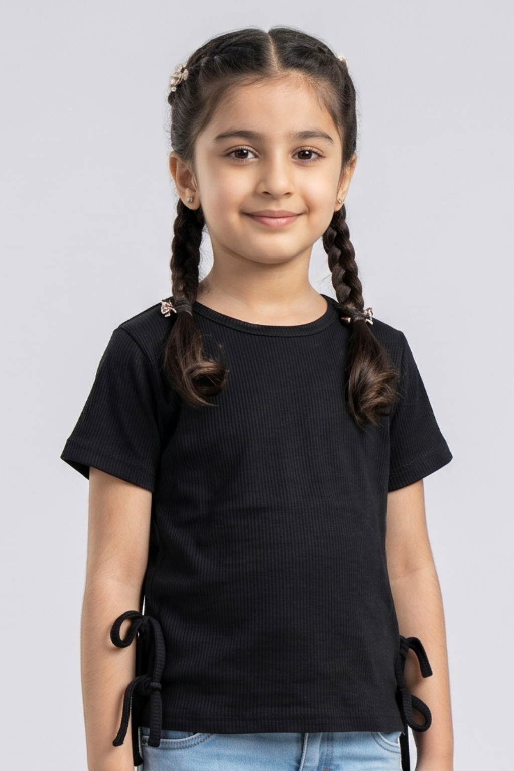 Black Plain Drop Niddle Fabric Fril T-shirt Top For Girls