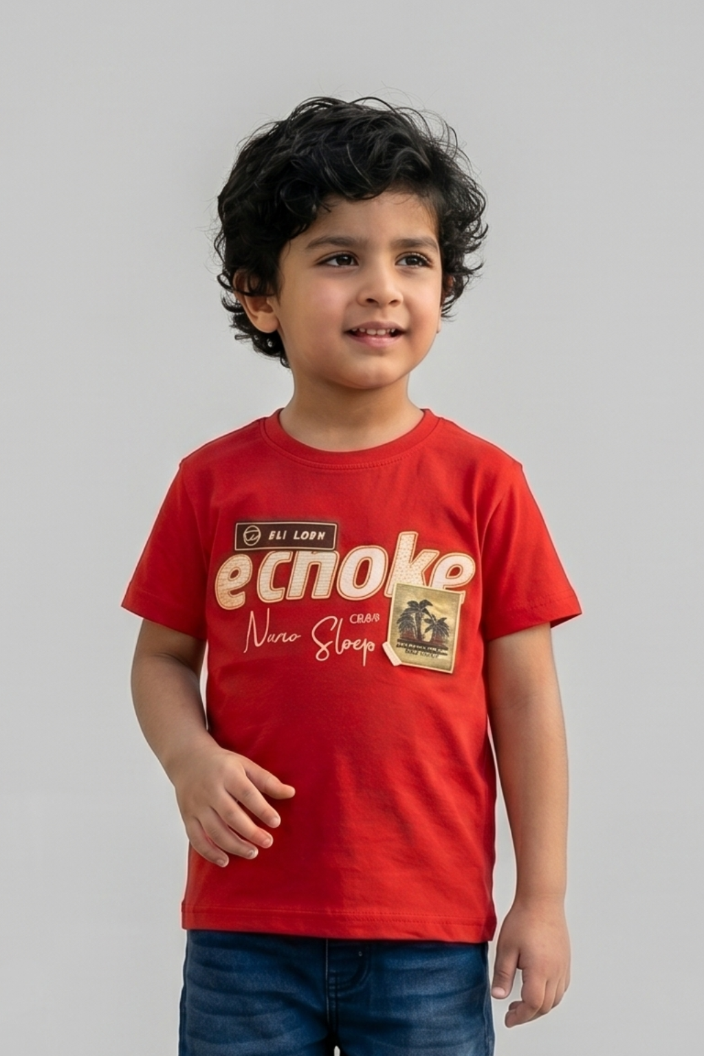 Red Ecnoke Print Half Sleeves T-Shirt For Boys Secondary image