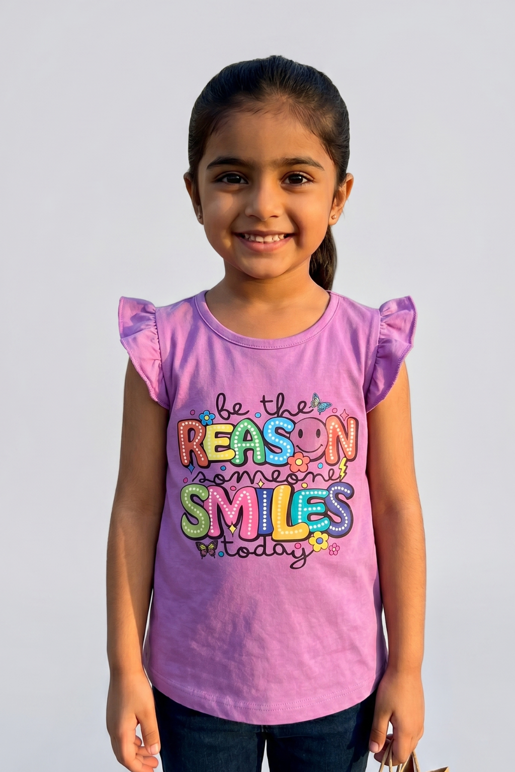 Purple Reason Print Fril Sleeves T-shirt Top For Girls
