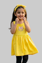 Yellow Butterfly Print With Hair Band Frock For Girls