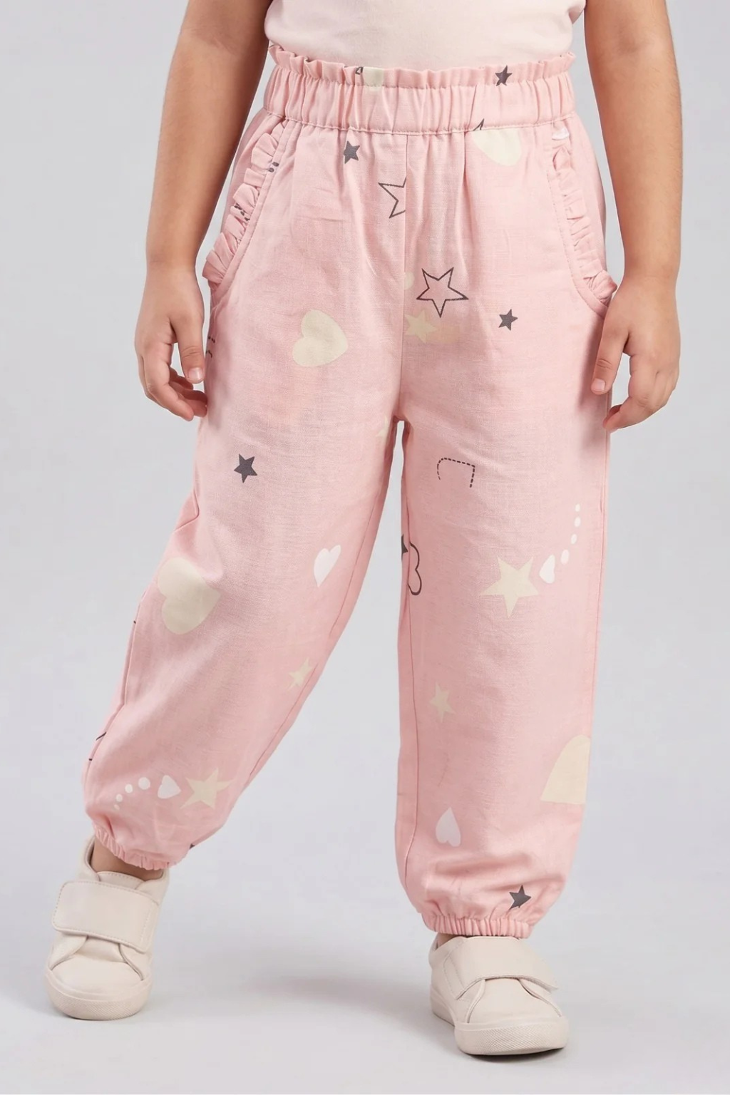 Pink Heart Star Print Pockets Pajama For Girls