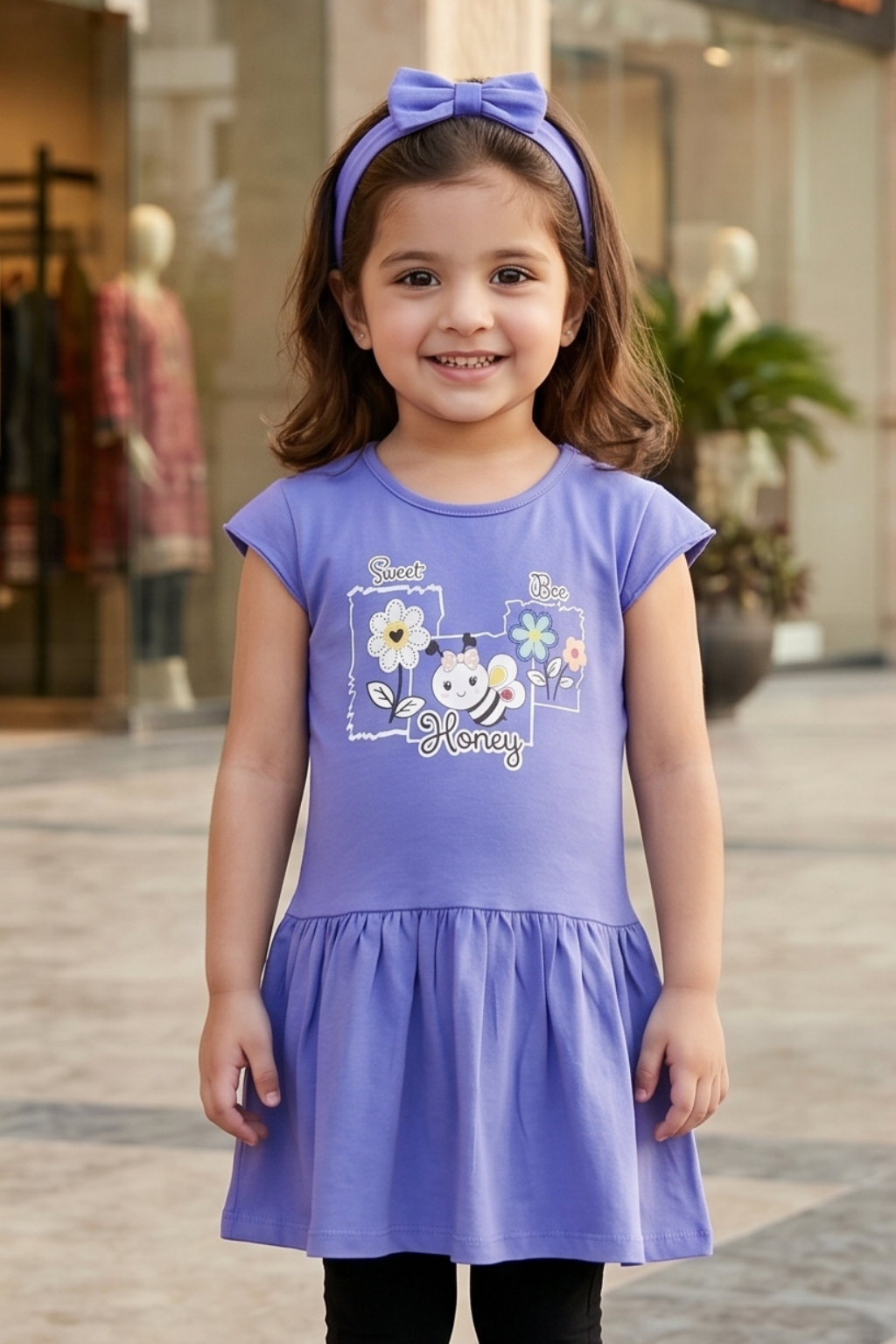 Blue Sweet Bee Print With Hair Band Frock For Girls Secondary image